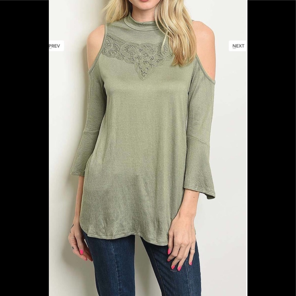 Lace Trimmed Cutout Shoulder Mock Neck Top